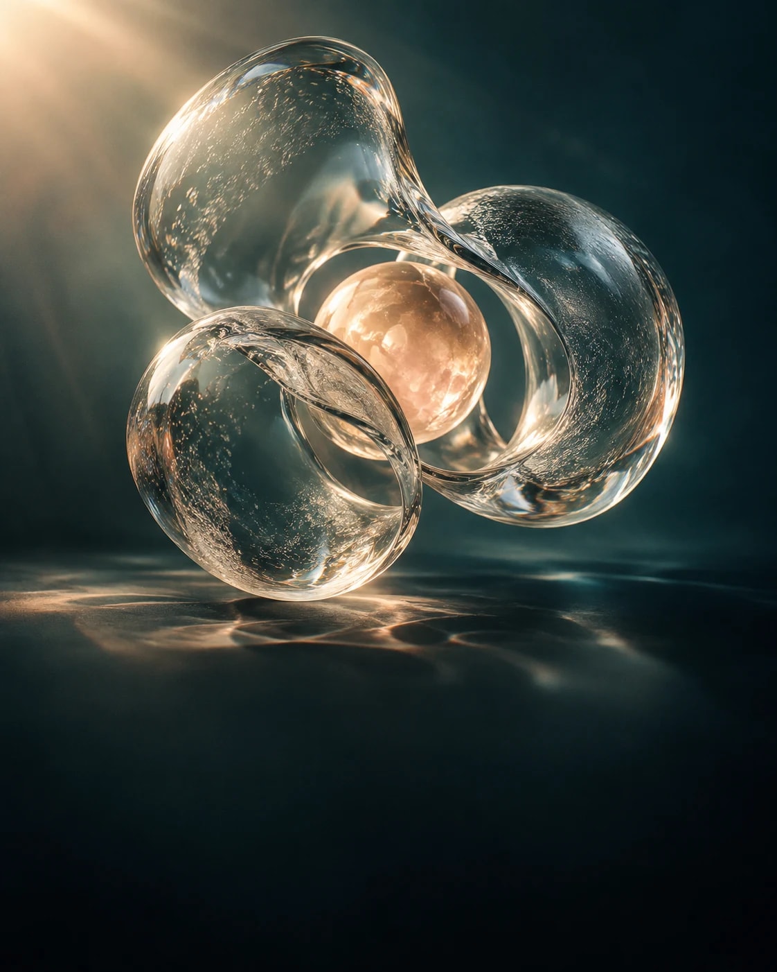 Cellular-inspired glass sculpture surrounding a warm luminous centre against deep teal