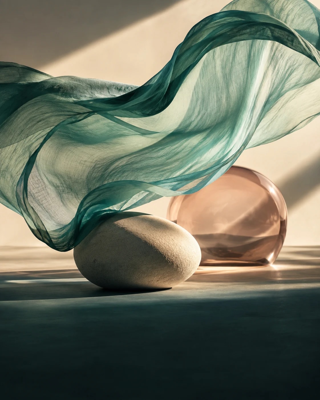 Flowing teal fabric above sculptural stone and blush glass, evoking breath and balance